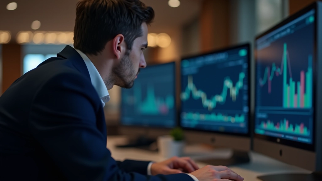 Žmogus tiria finansinius grafikų ir duomenų ekrane, rūpi analize, profesionalus stalas, šilta biuro šviesa