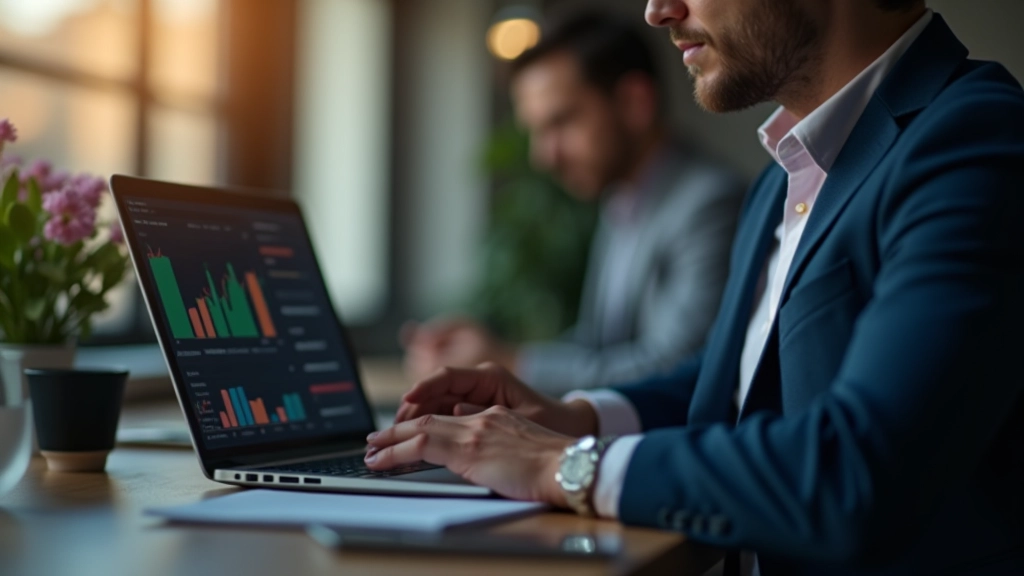 Finansų analitiker peržiūri grafikų duomenis laptopu, šiltas šviesos apšvietimas, sutelktas žvilgsnis