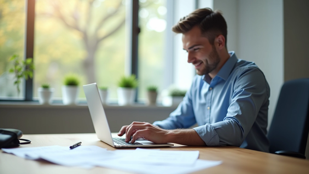 Vyras dirba su laptopiu ir finansiniais duomenimis šiuolaikiniame biure